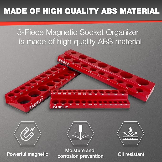 EACELIY 3Pcs 1/2", 1/4" and 3/8" Magnetic Socket Organizer Set,SAE Socket Holder Kit, Socket Trays，holds 68 Deep and Shallow 3/8" Sockets(sockets not included)