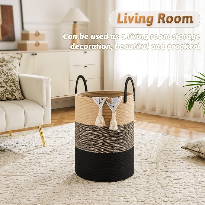 Artfeel Laundry Basket,Woven Cotton Rope Laundry Hamper,100L for Decorative Storage of Dirty Clothes,Toys and Blankets in Bathroom,Bedroom and Living Room