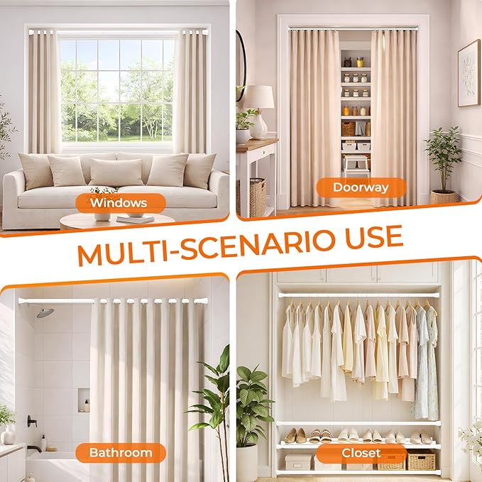 Tension Curtain Rod 30-64 Inch 7/8" Diameter, Adjustable No Drilling White Spring Loaded Curtain Rods for Window, Doorway, Bathroom, Closet, Kitchen, Shower Stall