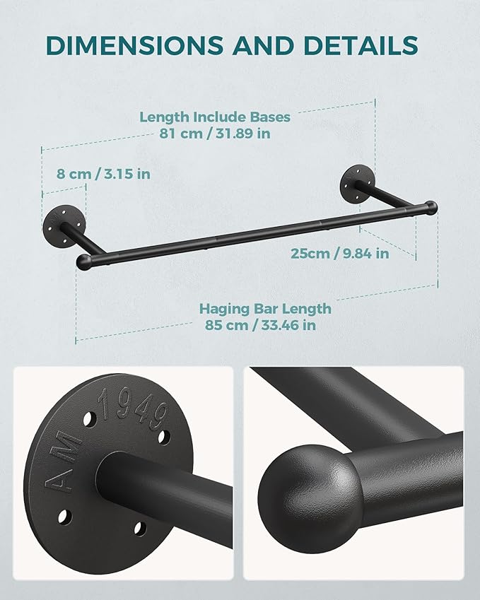 OROPY Industrial Pipe Clothing Rack Set of 2, Wall Mounted Clothes Rack, Closet Rods For Hanging Clothes, 33" Multi-purpose Hanging Rod for Laundry Room, Bedroom and Closet Storage