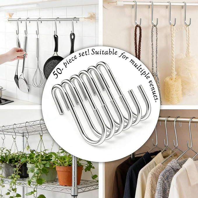50 Pack 2.4 Inch Heavy Duty Stainless Steel S Hooks - S Shaped Metal Hanging Hooks for Kitchen Pots, Pans, Utensils, Jeans, Clothes, Bags, Hats, Towels, Plants, Wire Shelves & Racks
