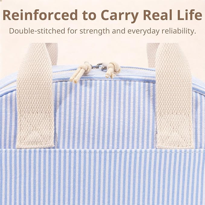 LOVELYWIND Insulated Lunch Bag for Women, Reusable Blue Striped Lunch Box Cooler Bag with Large Capacity, Durable Lunch Tote for Work