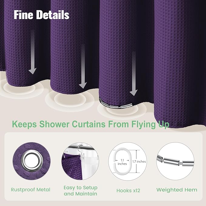 Dynamene Extra Long Shower Curtain and Liner Set - 84 inch Tall Waffle Fabric, Waterproof Clear Liner, Heavy Duty Weighted Hotel Luxury Cloth Shower Curtains for Bathroom with 12 Hooks, 72x84, Purple