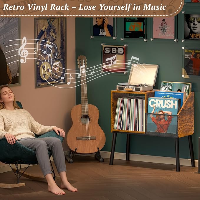 Record Player Stand with Storage, 3-Tier Step Vinyl Record Storage Holder up to 200 Albums, Small Vintage Record Player Table, Turntable Stand Recordsfor Living Room, Bedroom