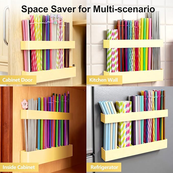 9.5” Large Acrylic Straw Holder for Cabinet Door, Reusable Adjustable Two-Part Straws Organizer with Ultra Sticky Adhesive Strips, 2026 Straw Storage for Kitchen Cupboard