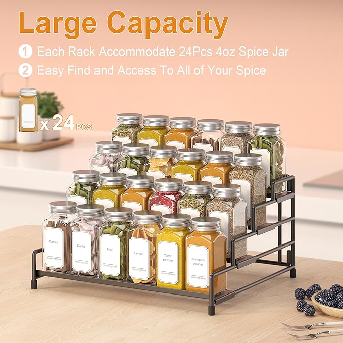 4-Tier-Spice-Rack-Organizer-for-Cabinet, Adjustable Depth Spice Holder Shelf For Countertop Pantry Cupboard, Metal Tiered Seasoning Organizer,Display Shelf Riser (Black-1 Pack)
