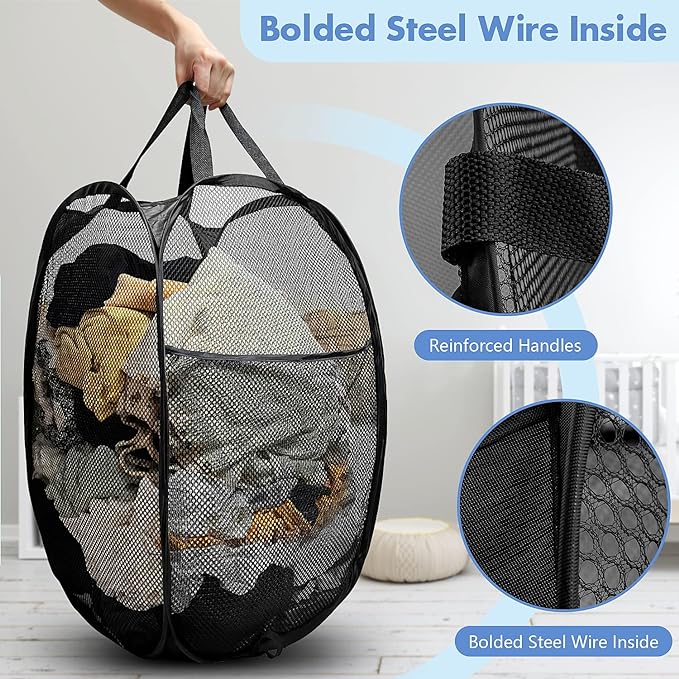 DUCOO Pop Up Laundry Hamper, 70L Collapsible Mesh Laundry Basket with Side Pocket, Foldable Dirty Clothes Hamper with Sturdy Reinforced Handles for Home Dorm Bedroom Travel Bathroom Storage, Black