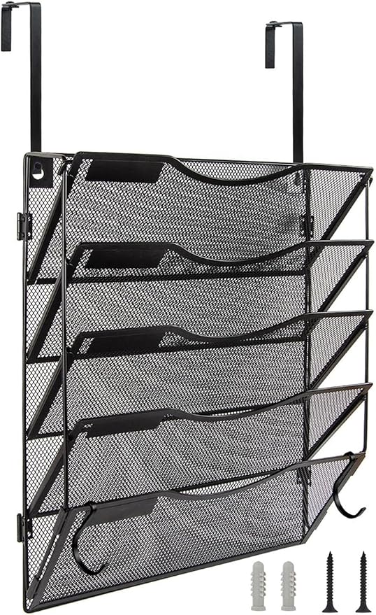 BOHDK Wall File Organizer 5 Pockets, Mail Organizer, Hanging Folder Holder, Foldable | Hanging or Wall Mounted | Label Panel | 2 Hooks | Office Home School Organizer, Black