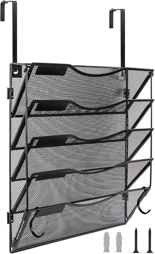 BOHDK Wall File Organizer 5 Pockets, Mail Organizer, Hanging Folder Holder, Foldable | Hanging or Wall Mounted | Label Panel | 2 Hooks | Office Home School Organizer, Black