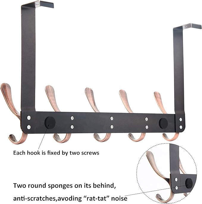 WEBI Over The Door Hook 5 Coat Hooks,Over The Door Towel Rack,Door Hanger Over Door Coat Rack for Hanging Clothes,Towels,Back of Bathroom,Antique Copper,2 Packs