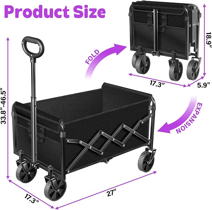 Wagons Carts Foldable,280 LBS Large Capacity Foldable Wagon Cart Collapsible Wagon with Wheels & Drink Holders,Utility Folding Cart for Camping Garden Beach Picinic Grocery Outdoor Shopping(Black)