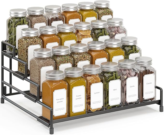 4-Tier-Spice-Rack-Organizer-for-Cabinet, Adjustable Depth Spice Holder Shelf For Countertop Pantry Cupboard, Metal Tiered Seasoning Organizer,Display Shelf Riser (Black-1 Pack)