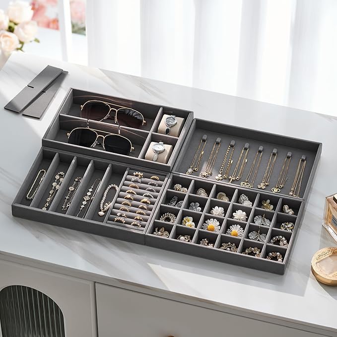 Velvet Jewelry Drawer Organizer Trays – Large Grey Stackable Jewelry Storage Inserts Set, 4-Layer Jewelry Tray Set for Earrings, Rings, Necklaces, Bracelets with Removable Dividers for Dresser, Vanity