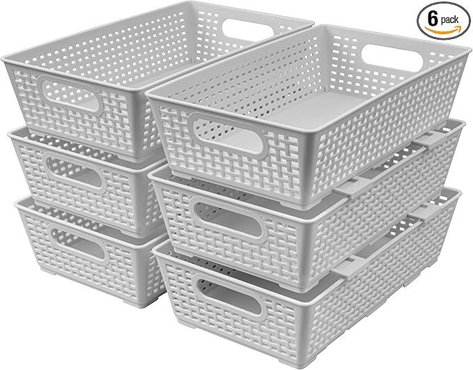 Tiawudi Stackable Woven Plastic Basket, Storage Bins for Cabinet, Closet, Shelf, Under Sink and Countertop, Pantry Organizer Bins, 6 Pack