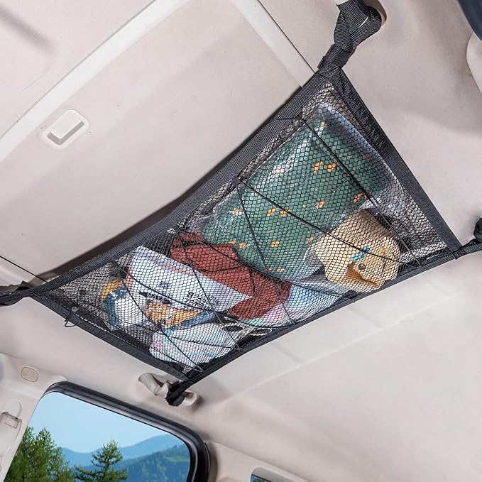 Car Ceiling Cargo Net, 31"x21" Adjustable Double-Layer Mesh SUV Roof Organizer, Van Life Accessories for Long Trip, Car Camping Essentials, Road Trip Must-Haves for Overhead Storage