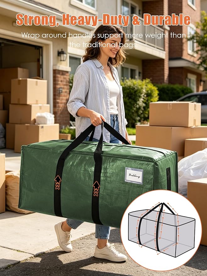 SWEET DOLPHIN 8 Pack 200LB Heavy-Duty Moving Bags with Wrap-Around Handles, Extra Large Storage Totes for Space Saving, Clothes Storage Bags, College Dorm Essentials, Green, 24 Gal