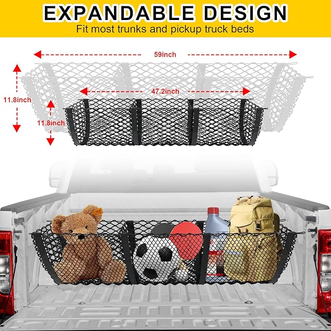 Upgraded 3 Pocket Truck Bed Cargo Net for Toyota Ford Dodge GMC Chevy Silverado, Universal Pickup Mesh Storage Net 47.2" x 11.8" Stretchable Elastic Truck Bed Grocery Holder Net with 4 Ball Bungees
