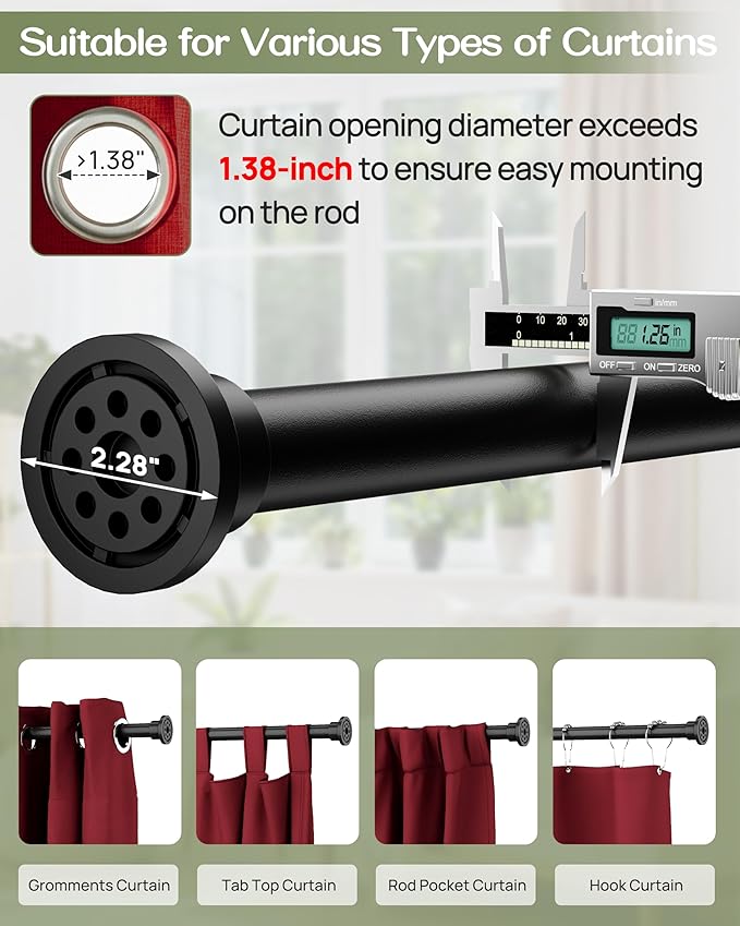 ALLZONE Tension Curtain Rod for Window, 83-123 Inches, Heavy Duty Curtain Rods No Drilling, Non-Slip Bathroom Shower Tension Rod, Renter Friendly, Adjustable, Spring Loaded, Extra Long, Black