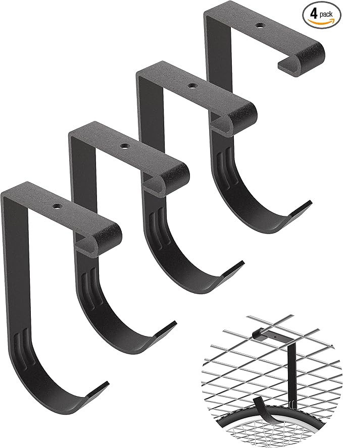 Bike Hooks for Garage Ceiling Mount Rack – Heavy Duty 4X8 Overhead Garage Storage Rack for Ceiling Hanging Bicycle Shelves, Add on Storage Flat Hooks Accessory and Wall Hanger (Flat Hook 4 Pack)