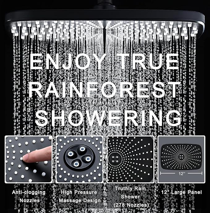 BOZYBO Rain Shower Head with Handheld: High Pressure Shower Heads with Handheld Spray Combo, 12" Rainfall Shower Head and 9 Sprays Hand Showerheads with Magnetic Docking and Power Jets, Black 1.8GPM