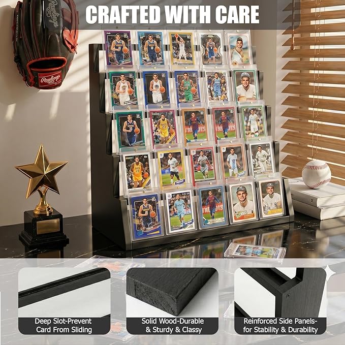 5 Tier Wooden Card Display Stand – Vertical Card Holder Display for Trading Cards, Game Cards, Sports Cards, Graded PSA/BGS/SGC, Baseball, Basketball&Football(Soccer) Card Stand, Desk & Shelf Organize,Black