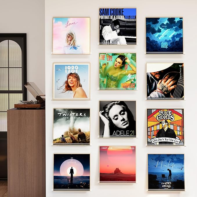 Laurensory 12 Pack Vinyl Record Shelf Wall Mount Shelves, 12 inch Clear Acrylic Vinyl Record Holder Display, Floating Shelves for Wall Decor, Magazine Rack, Kids Bookshelf, for Bedroom, Living Room