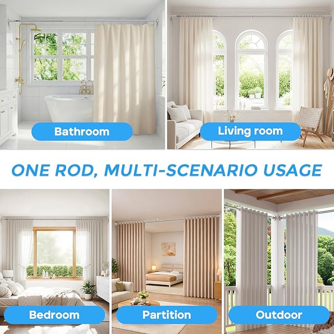 AIZESI 41-182 Inch Heavy Duty Silver Tension Curtain Rod - No Drilling, Adjustable, Rust-Proof for Outdoor, Living Room, Bathroom