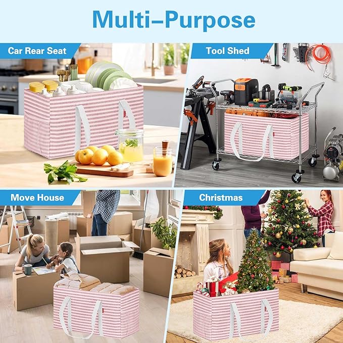LHZK Standing Extra Large Utility Tote Bag with Metal Wire Frame and the Sides Rinforced, Extra Large Tote Bag with Handle, Reusable Grocery Bags Foldable, Beach Bag, Car Tote (Pink) | Metal Wire Frame