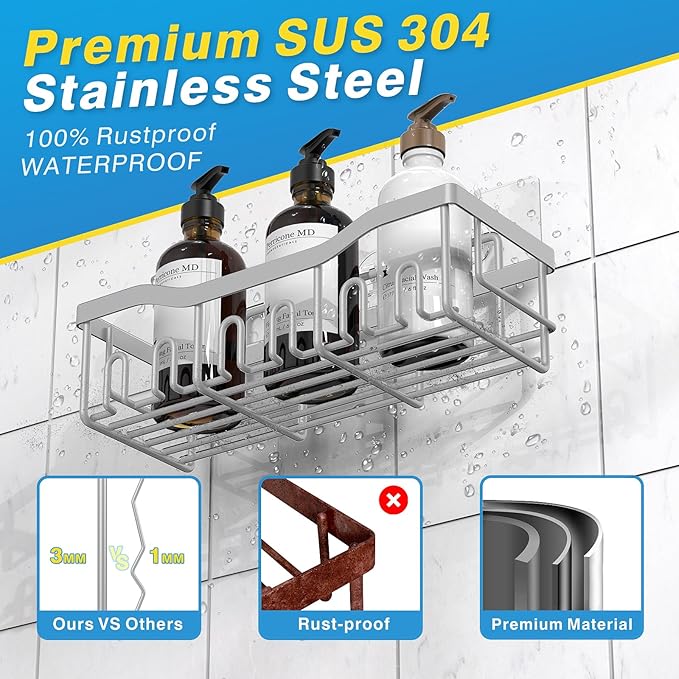 EUDELE 5-Pack Rustproof Stainless Steel Shower Caddy Set– No Drill Adhesive Bathroom Organizer, Space-Saving Shower Shelves for Apartment Essentials, Bathroom/Kitchen Storage Home Decor-L Size
