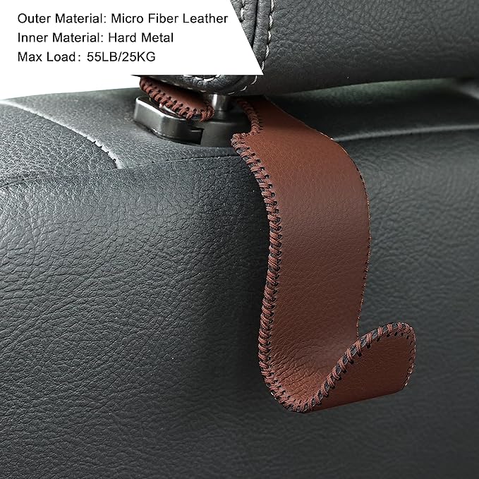 Amooca Car Seat Headrest Hook Universal Vehicle Storage Hanger Leather with Metal Car Seat Back Organizer for Handbag Purse Coat Brown 4 Pack