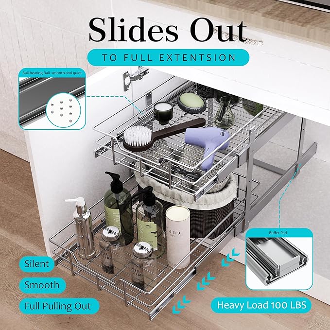 2 Tier Pull Out Cabinet Organizer 14" W X 22" D, Slide Out Drawers For Kitchen Cabinets, Pull Out Drawers For Cabinets Capacity Heavy Duty Caddy, Cabinet Pullout Shelves Chrome-Plated,Bathroom Pantry | Slide Out Drawers, For Kitchen Cabinets, Heavy Dut...