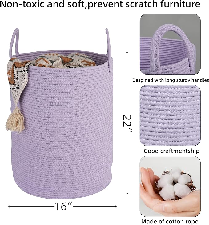 XUANGUO Cotton Rope Laundry Basket Hamper for Clothes Woven Storage Basket for Living Room Bedroom Boho Tall Rope Baskets for Blanket Toys Pillow Towels Baby Nursery Hamper Bin Large purple