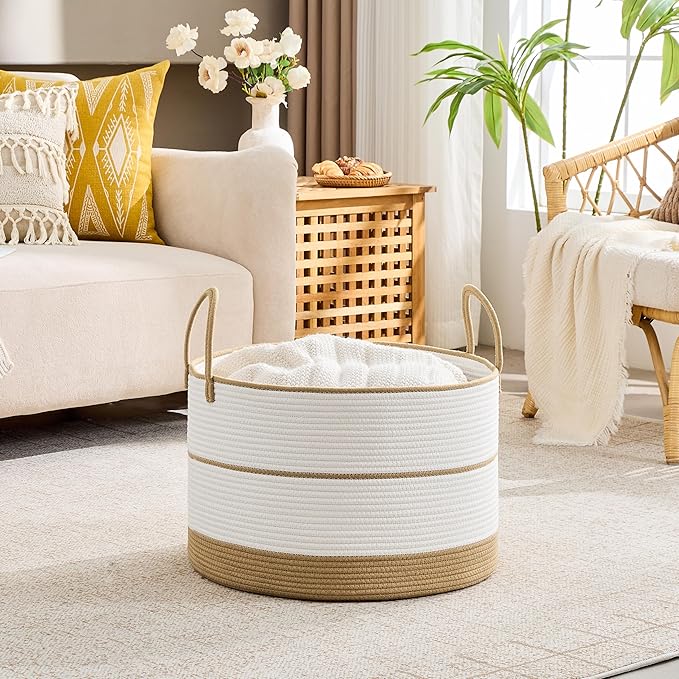 KAKAMAY Cotton Rope Storage Basket (20"x13"),Woven Blanket Baskets for Toys,Pillows,Clothes,Sturdy Handles Decorative Basket for Living Room, Bedroom,Nursery(Brown/Black)