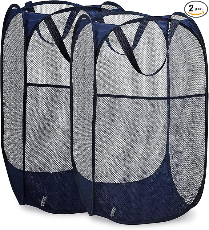 Handy Laundry Collapsible Mesh Pop Up Laundry Hamper 2-Pack – Large Foldable Laundry Basket with Side Pocket, Breathable & Durable, Space-Saving for Clothes, Toys, Travel, Dorm, Bedroom, Blue