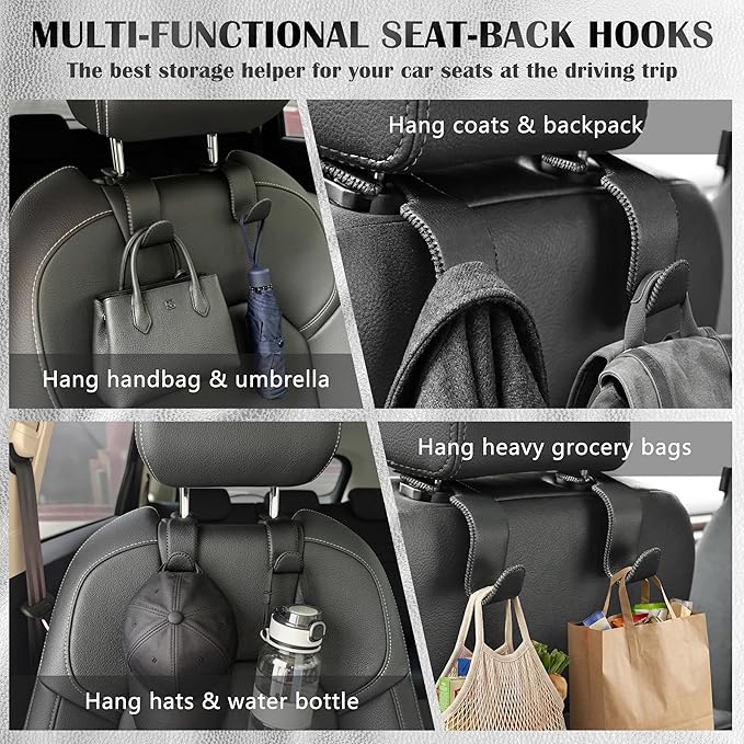 Amooca Car Seat Headrest Hook Universal Vehicle Storage Hanger Leather with Metal Car Seat Back Organizer for Handbag Purse Coat Black 2 Pack