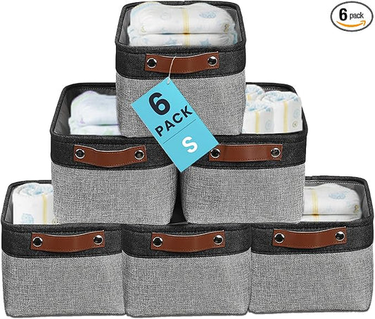 OrganiHaus Small Fabric Storage Baskets 6 Pack, 12x8in Cloth Storage Bins for Shelves, Small Baskets for Organizing Bathroom Pantry Closet, Canvas Shelf Baskets, Gray/Black
