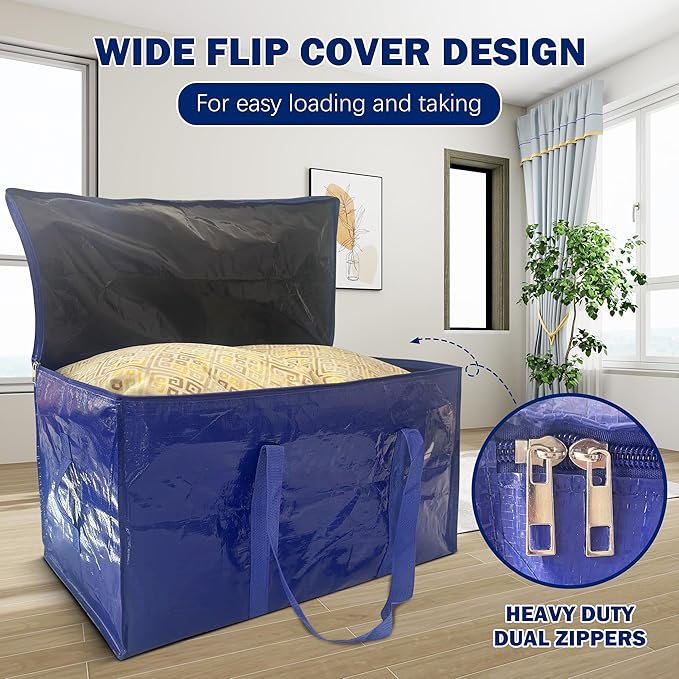 8 Pack Extra Heavy Duty Large Moving Bags with Strong Zipper & Carrying Handles, Sturdy Clothes Storage Bag Totes Bins, Packing Bags Moving Boxes College Moving Supplies, Dark Blue - 33 gal