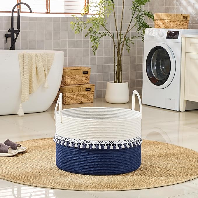 KAKAMAY Cotton Rope Storage Basket (20"x13"),Woven Hamper for Blankets,Toys,Pillows,Clothes,Laundry,Sturdy Handles Decorative Basket for Living Room, Bedroom,Nursery(Blue/Blue Fringe)