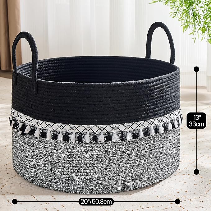 KAKAMAY Cotton Rope Storage Basket (20"x13"),Woven Hamper for Blankets,Toys,Pillows,Clothes,Laundry,Sturdy Handles Decorative Basket for Living Room, Bedroom,Nursery(Black Printing)