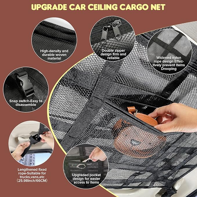 Upgrade Car Ceiling Cargo Net Pocket,31.5"x21.6" Double-Layer Roof Storage Organizer,Overhead Net for Truck,SUV & Van Camping,Travel Road Trips,Van Life Essentials