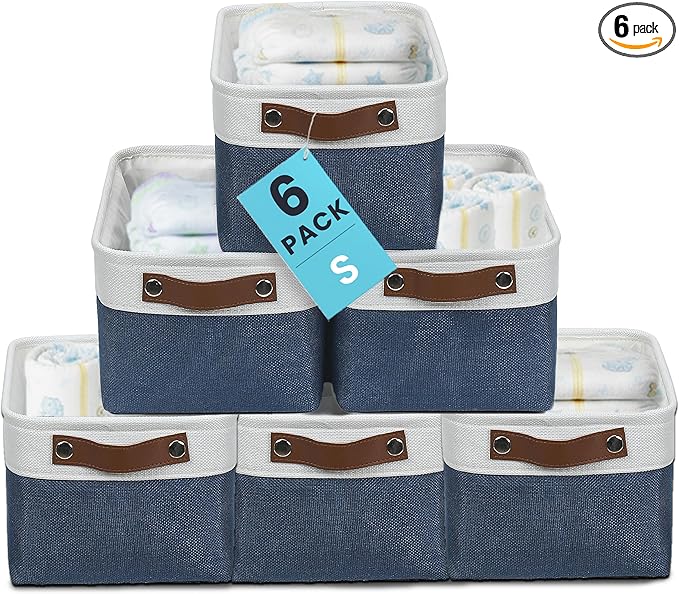 OrganiHaus Small Fabric Storage Baskets 6 Pack, 12x8in Cloth Storage Bins for Shelves, Small Baskets for Organizing Bathroom Pantry Closet, Canvas Shelf Baskets, Navy Blue/Off-White