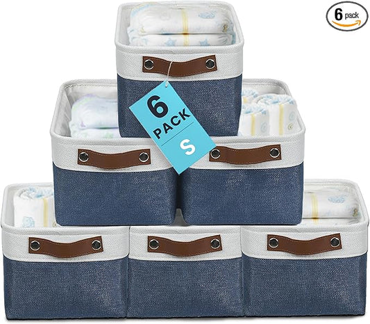 OrganiHaus Small Fabric Storage Baskets 6 Pack, 12x8in Cloth Storage Bins for Shelves, Small Baskets for Organizing Bathroom Pantry Closet, Canvas Shelf Baskets, Navy Blue/Off-White