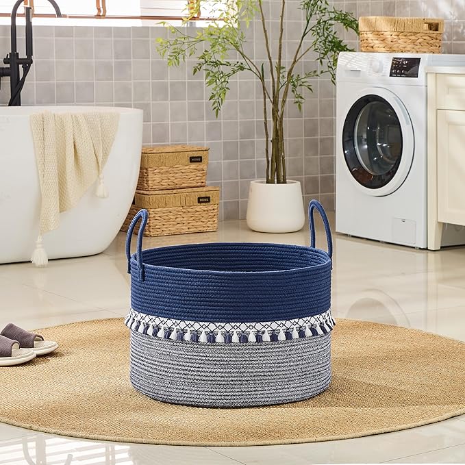 KAKAMAY Cotton Rope Storage Basket (20"x13"),Woven Hamper for Blankets,Toys,Pillows,Clothes,Laundry,Sturdy Handles Decorative Basket for Living Room, Bedroom,Nursery(Blue/White)