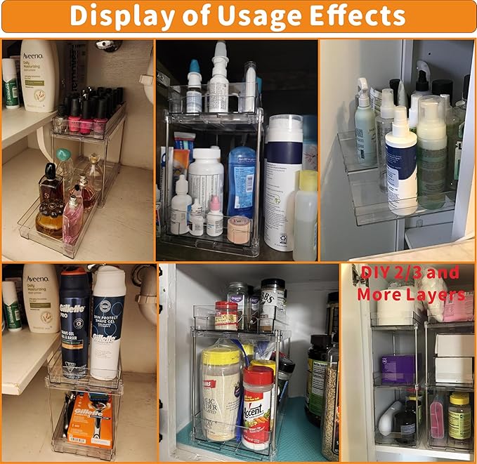 Yieach 4 Set Bathroom Organizers and Storage,2 Tier Clear Under Sink Organizer and Medicine Cabinet Organizer for Kitchen,Pantry Storage,Pull Out Drawers for Skincare,Pill Bottle,Spice Organization