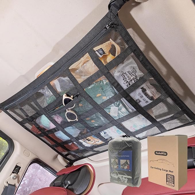 Upgrade Car Ceiling Cargo Net Pocket,31.5"x21.6" Double-Layer Roof Storage Organizer,Overhead Net for Truck,SUV & Van Camping,Travel Road Trips,Van Life Essentials