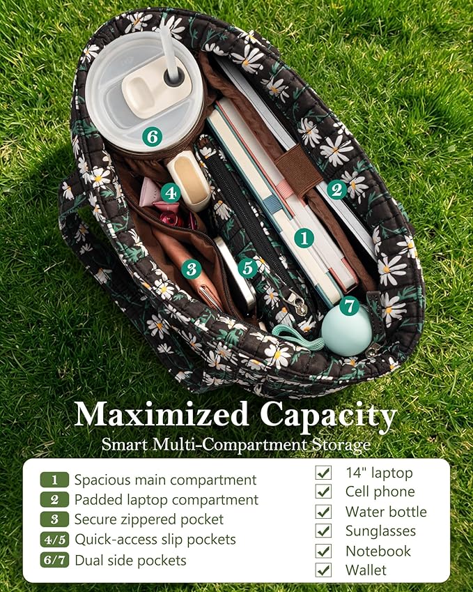 Bagstellar Puffer Tote Bag for Women, Quilted Cotton Laptop Work Tote Shoulder Bag for College School, Teacher, Nurse, Travel | Top Full-zip Closure