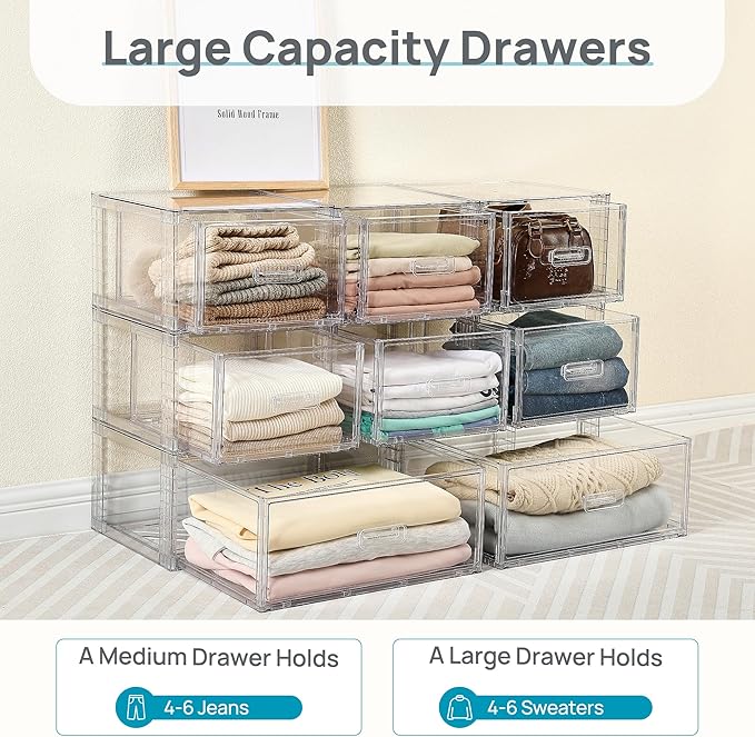 Vtopmart 6 Pack 18QT Clear Stackable Storage Drawers,Easily Assemble Closet Organizers,Plastic Storage Bins for Bathroom,Cabinet,Kitchen Pantry,Under Sink Organization(Medium)