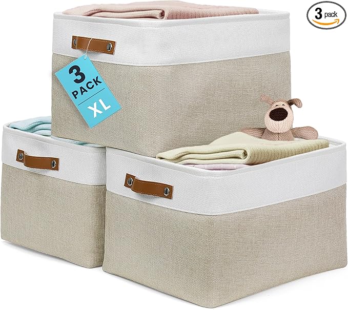 OrganiHaus Extra Large Fabric Storage Baskets for Shelves 3 Pack, 16x13in Closet Storage Bins, Canvas Baskets for Organizing, Linen Closet Organizers, Cloth Basket, Beige/Off-White