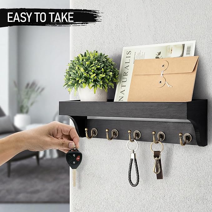 Rebee Vision Key Holder for Wall with Shelf : Decorative Key Organizer with 5 Rustic Keys Hooks and Primitive Wood Mail Organizer Wall Mount - Entryway Décor (Black)