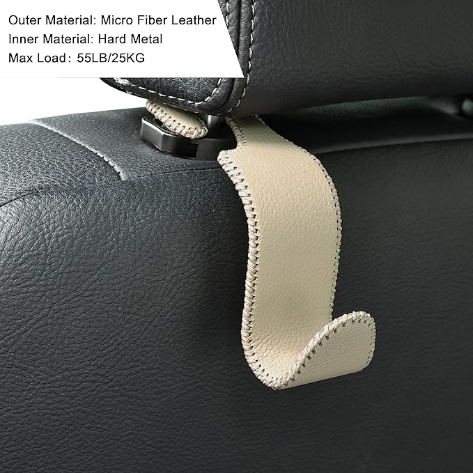 Amooca Car Seat Headrest Hook 4 Pack Metal Core Hanger Universal Car Storage Organizer for Handbag Purse Coat S Type Leather Beige